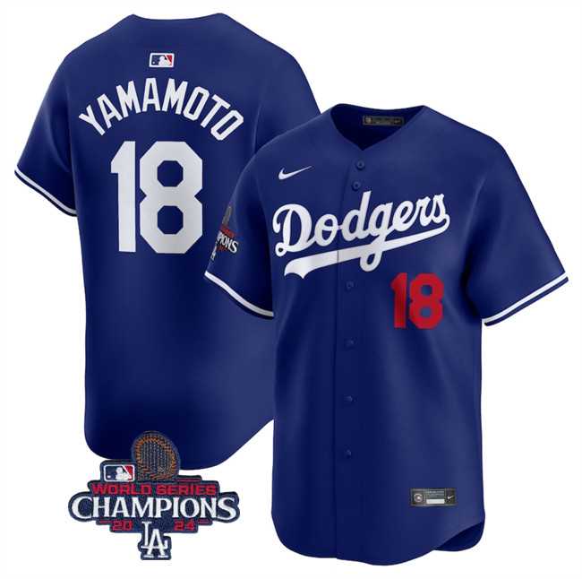 Mens Los Angeles Dodgers #18 Yoshinobu Yamamoto Royal 2024 World Series Champions Alternate Limited Stitched Baseball Jersey